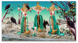 Book of Revelation inspired portrait of skeletal mermaids depicted as saints.
