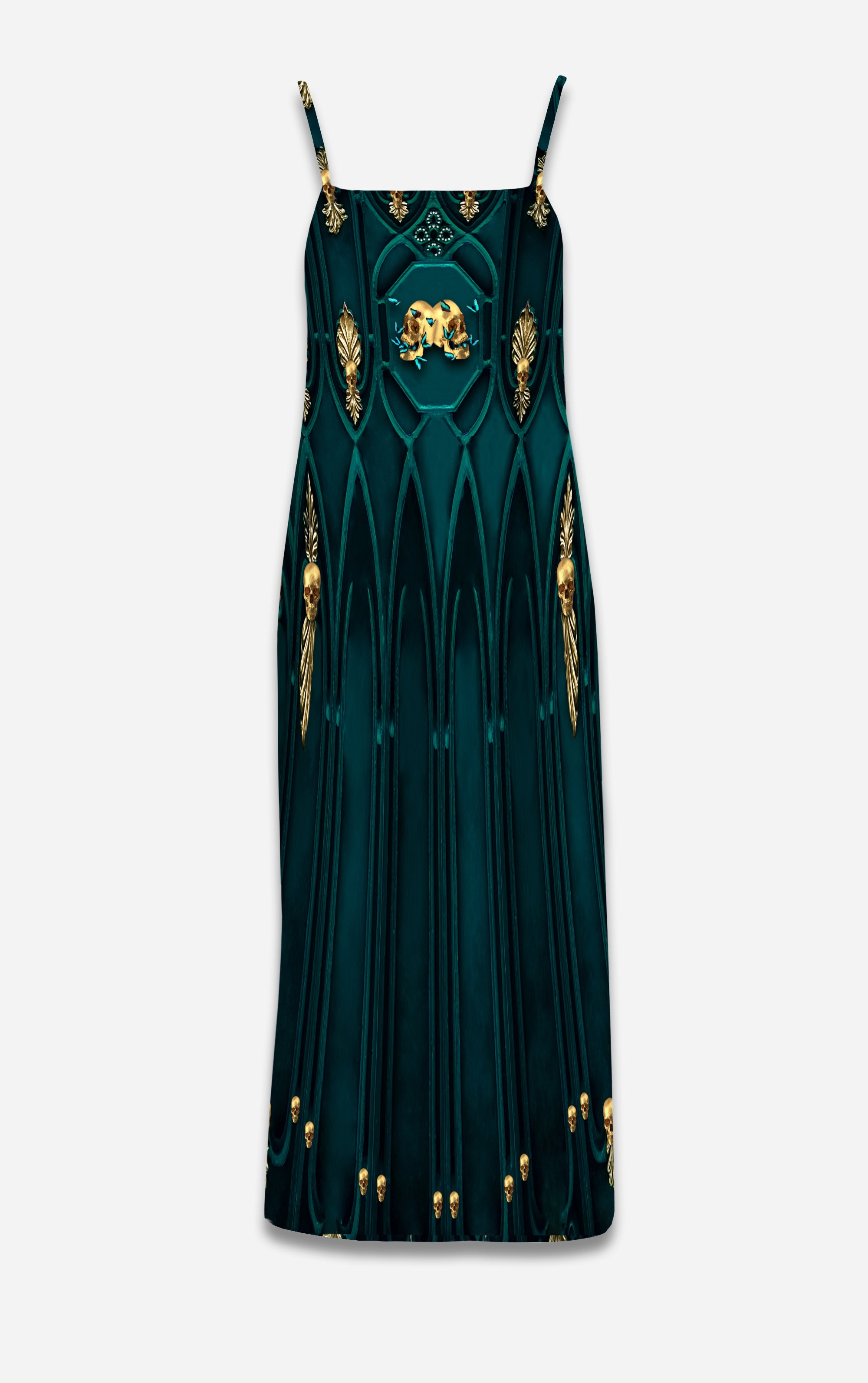 All Saints Cathedral- 100% Silk Satin French Gothic V Neck Slip Dress in Midnight Teal | Le Leanian™