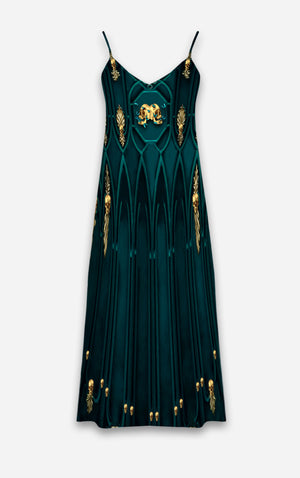 All Saints Cathedral- 100% Silk Satin French Gothic V Neck Slip Dress in Midnight Teal | Le Leanian™
