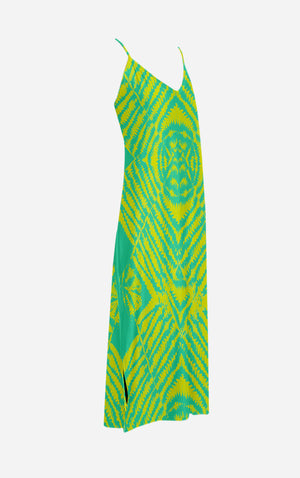 Byzantine Tie Dye- 100% Silk Satin French Gothic V Neck Slip Dress in Bold Jade Teal & Mustard | Le Leanian™