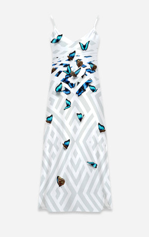 Morpho- 100% Silk Satin French Gothic V Neck Slip Dress in White | Le Leanian™