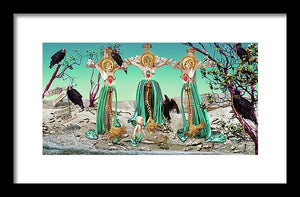 Religious, end times inspired portrait of 4 women on a beach with dead fish. 3 women are dead mermaids on crosses surrounded by vultures.