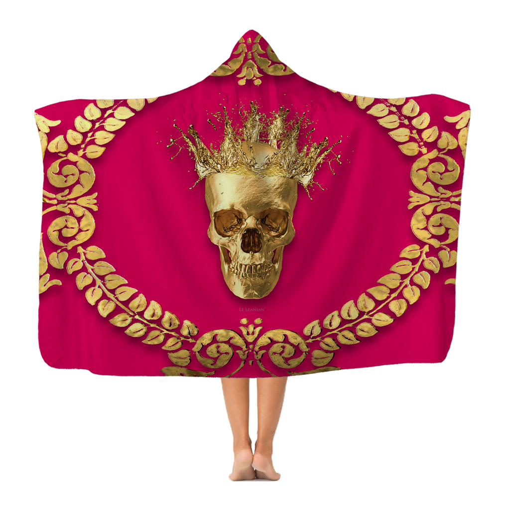 Polar Feece HOODED BLANKET-GOLD SKULL CROWN-GOLD WREATH-Color BOLD FUCHSIA, HOT PINK, BRIGHT PINK
