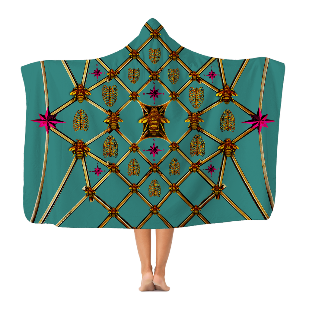 Gilded Bees & Ribs- Adult & Youth Hooded Fleece Blanket in Jade Teal | Le Leanian™