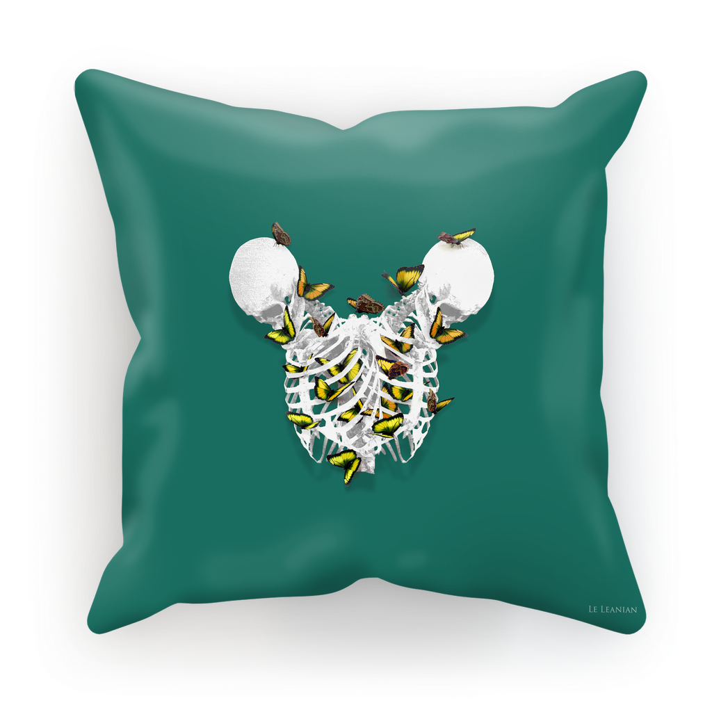 Versailles Divergence Golden Skull Duality- French Gothic Satin & Suede Pillowcase in Jade | Le Leanian™