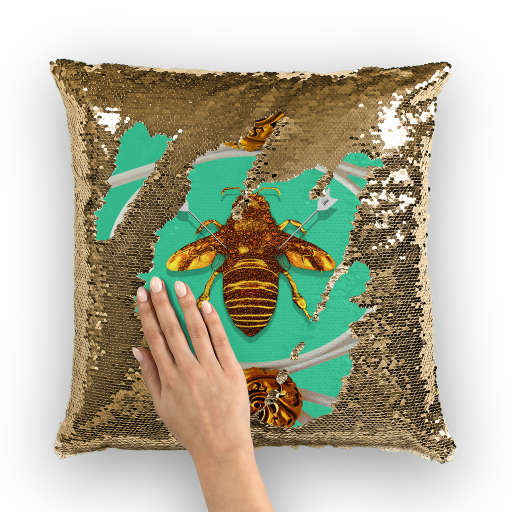 Versailles Queen Bee -French Gothic Sequin Pillow Case Throw Pillow- Bright Jade Teal Blue Green