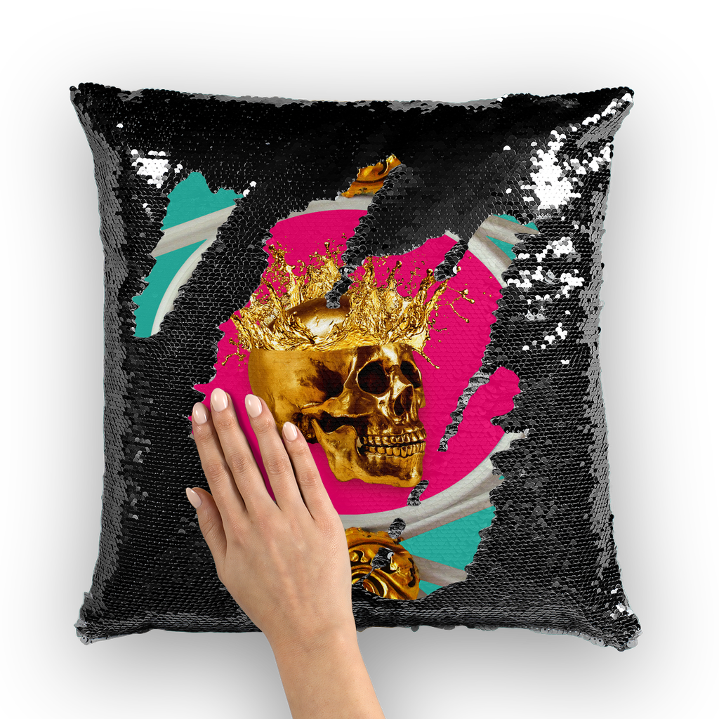 Versailles Golden Skull- French Gothic Sequin Pillowcase or Throw Pillow in Teal & Bold Fuchsia | Le Leanian™
