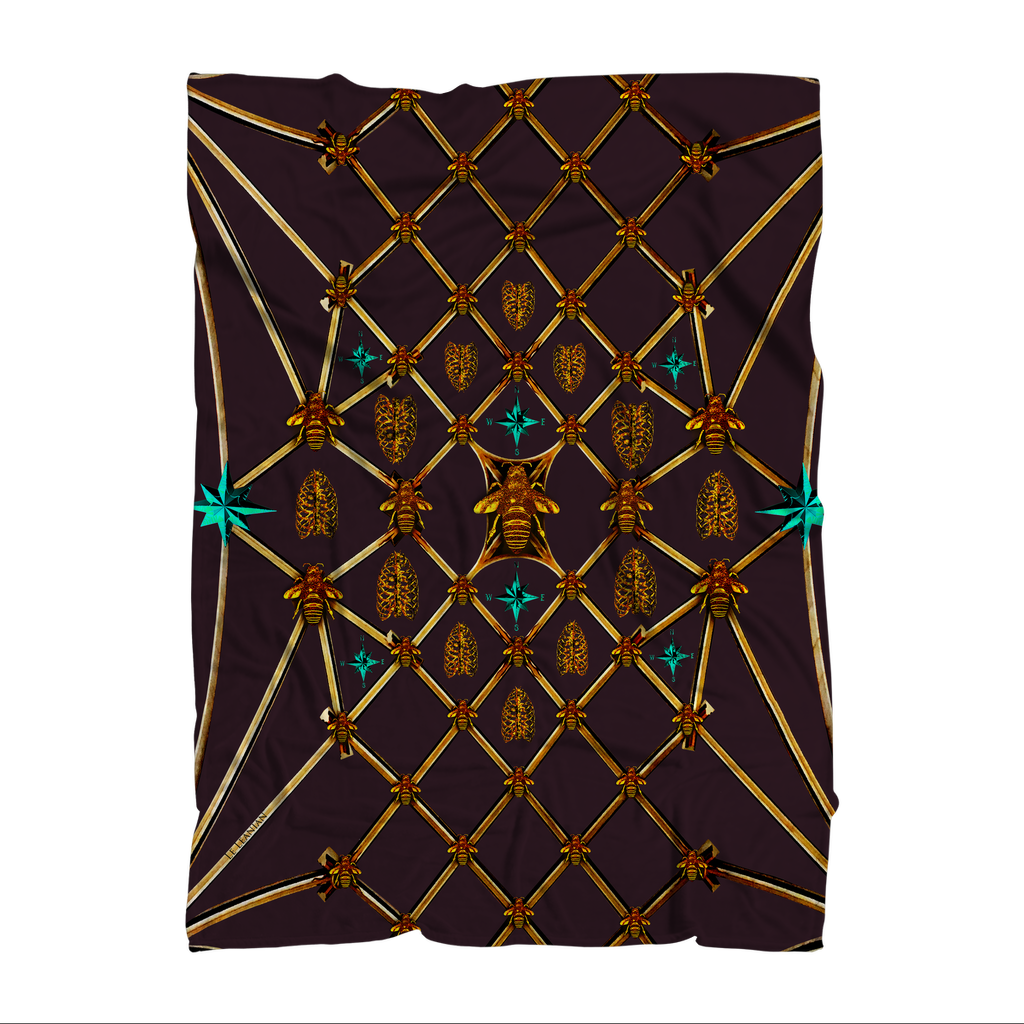 Gilded Bees & Ribs Teal Stars- Classic French Gothic Fleece Blanket in Muted Eggplant Wine | Le Leanian™