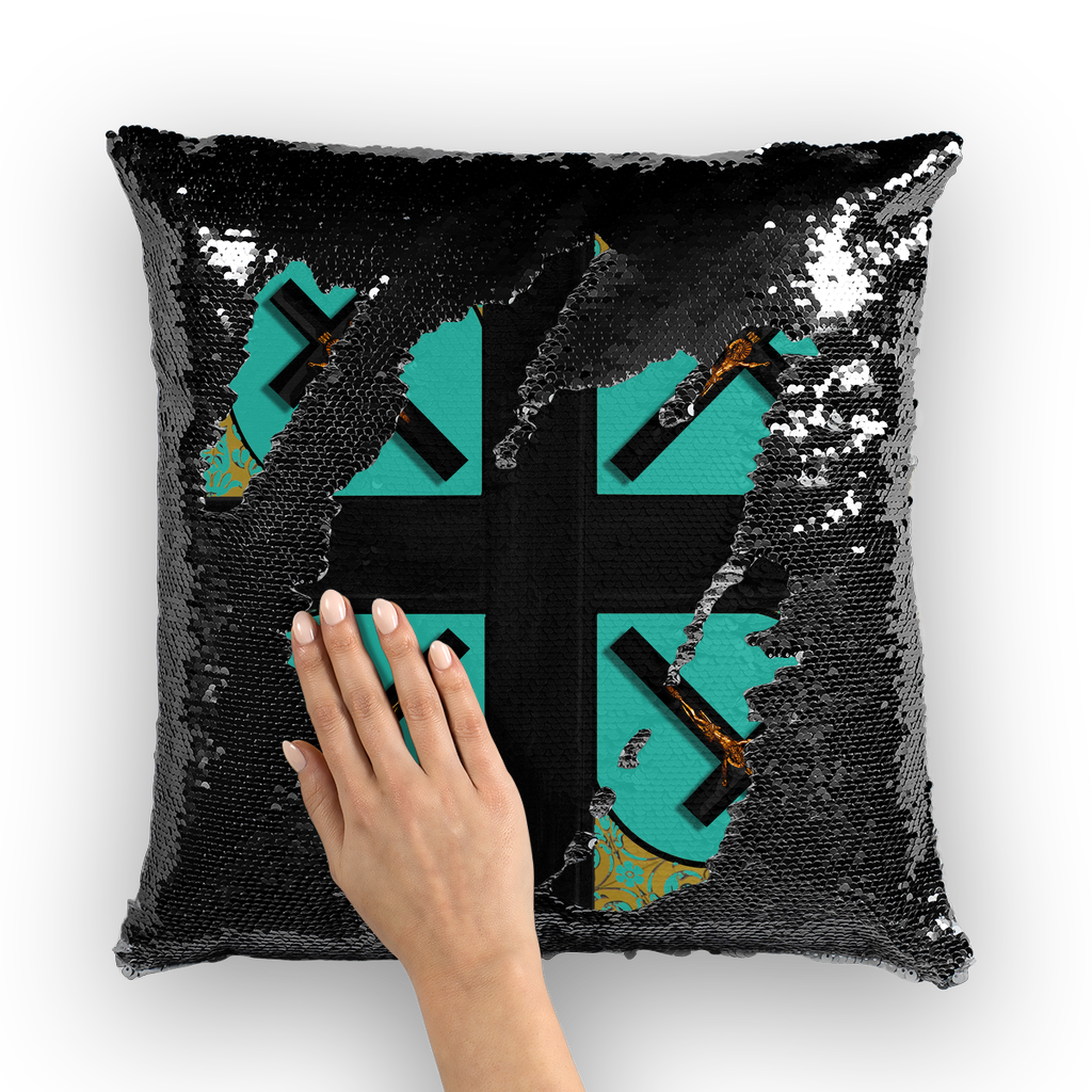 Crossroads Crucifix- Sequin Pillow Case or Throw Pillow in Bold Teal | Le Leanian™ | The Photographist™
