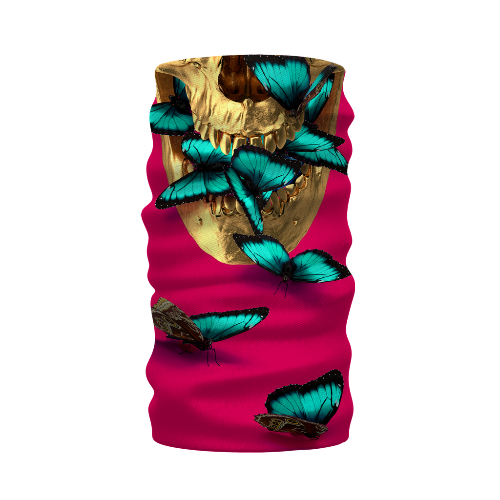 Gold Skull Breathing Teal Blue Morpho Butterflies- Neck Warmer- Morf Scarf in Bold Fuchsia- Bold Pink