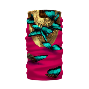 Gold Skull Breathing Teal Blue Morpho Butterflies- Neck Warmer- Morf Scarf in Bold Fuchsia- Bold Pink