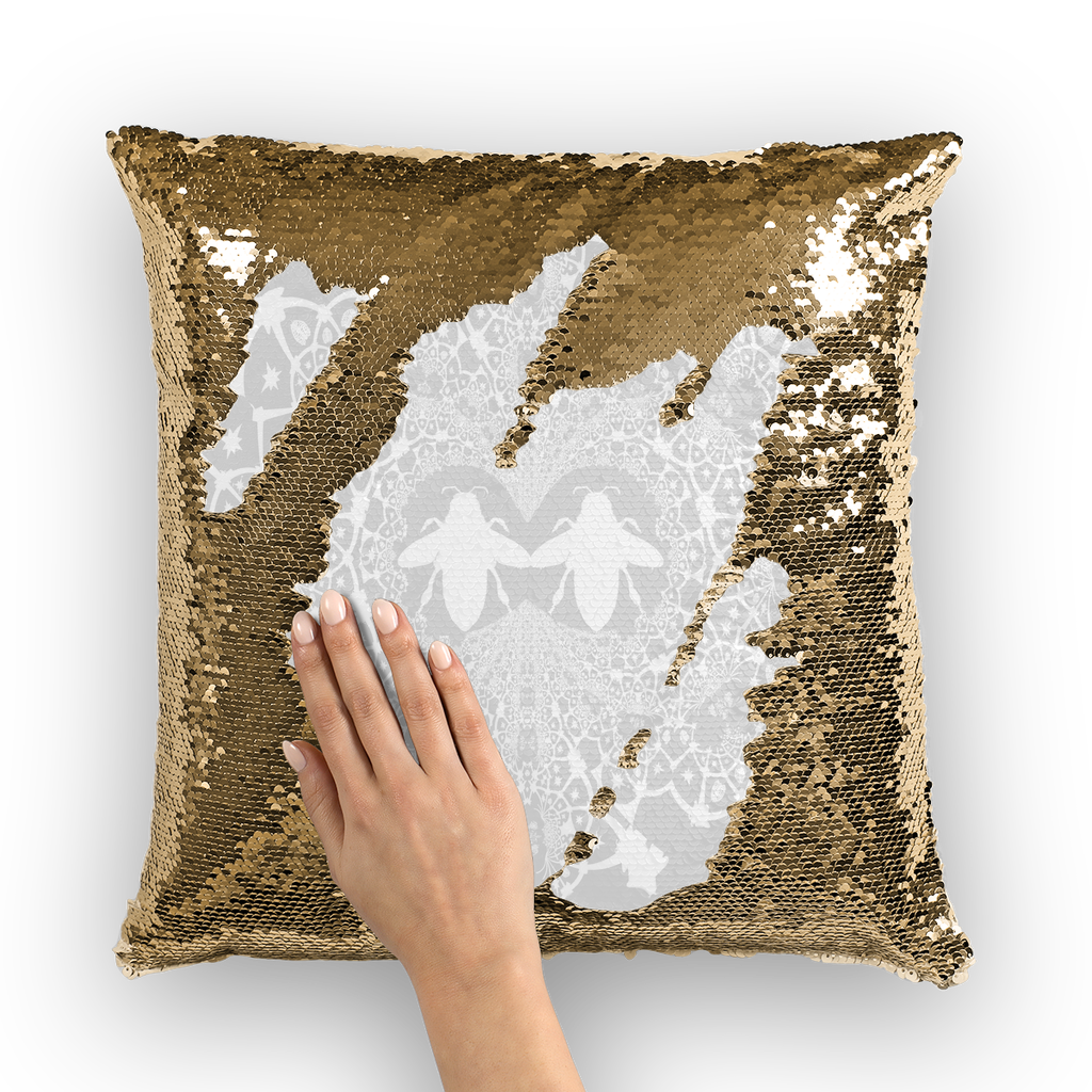 Sequin Gold & BLACK PILLOW CASE-Throw PILLOW-Baroque Bee Pattern-Color LIGHT GRAY, GREY & WHITE