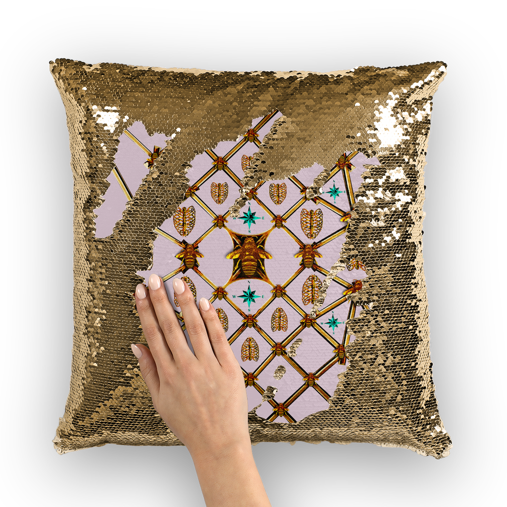 Gold & Black SEQUIN Pillow Case-Throw Pillow-GOLD BEES, RIBS & STAR Pattern- Color PASTEL PINK