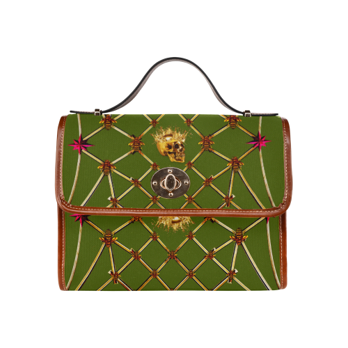 Golden Skull and Honey Bee Design- Clutch Handbag in color Olive Green
