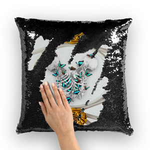 Versailles Gilded Skull Divergence Teal Whispers- French Gothic Sequin Pillowcase or Throw Pillow in Lightest Gray | Le Leanian™