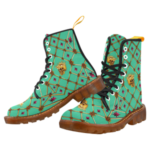 Golden Skull & Magenta Stars- Women's French Gothic Combat  Boots in Bold Jade | Le Leanian™