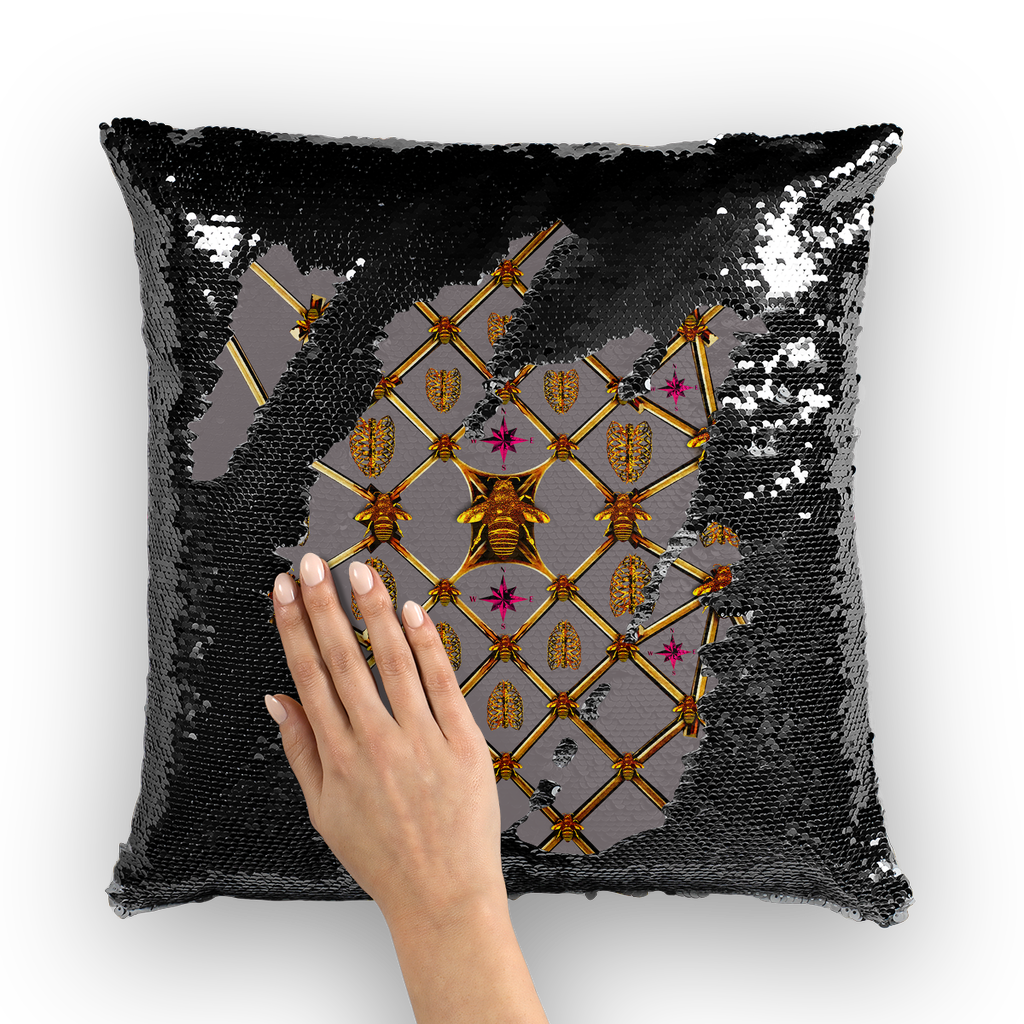 Bee Divergence Gilded Ribs & Magenta Stars- French Gothic Sequin Pillowcase or Throw Pillow in Lavender Steel | Le Leanian™