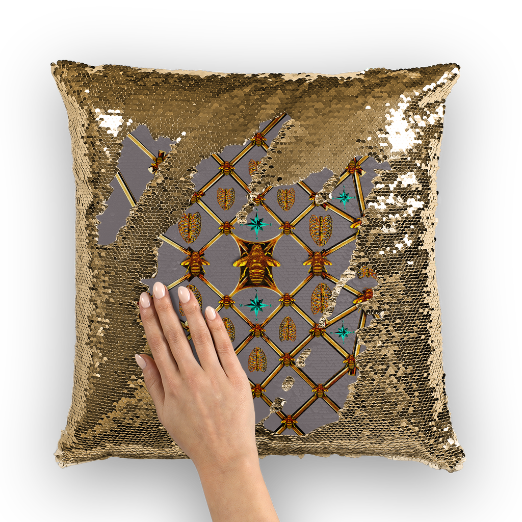 Sequin Gold Pillowcase & Throw Pillow-French Gothic-Honey Bee & Rib Print- Lavender Steel Purple