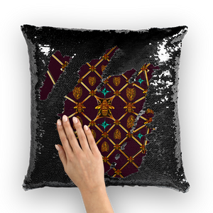 Bee Divergence Gilded Ribs & Teal Stars- French Gothic Sequin Pillowcase or Throw Pillow in Eggplant Wine | Le Leanian™