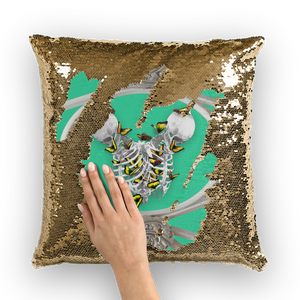 Versailles Siamese Skeletons with Gold Butterfly Rib Cage-Sequin Pillowcase-Bright Teal Green