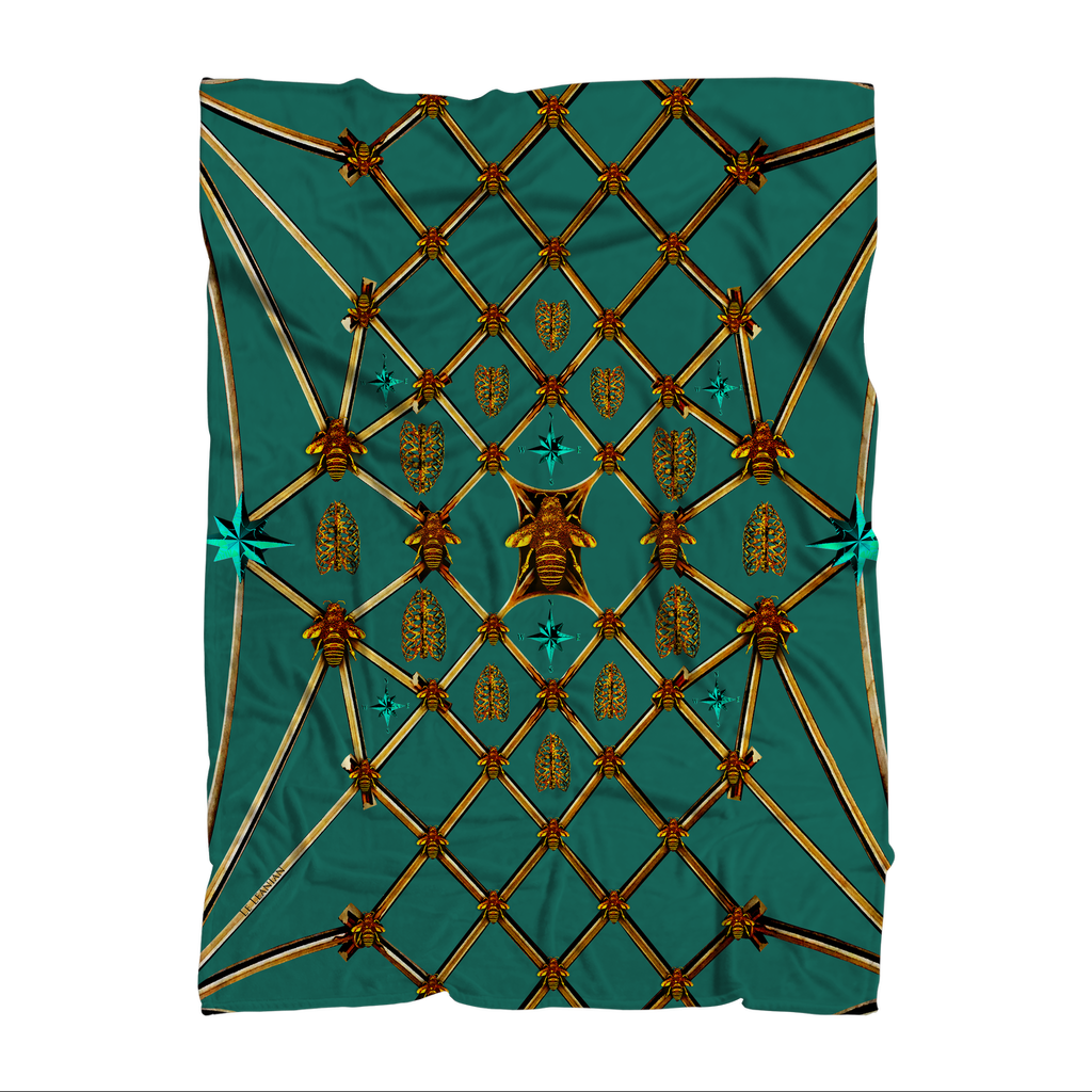 Gilded Bees & Ribs Teal Stars- Classic French Gothic Fleece Blanket in Jade | Le Leanian™