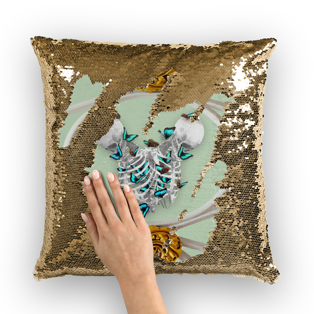 Versailles Siamese Skeleton & Gold Butterfly-Sequin Pillowcase in Pastel Blue