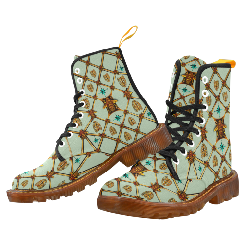 Women's Gilded Honey Bee and Ribs Pattern- Military Marten Style Lace-Up Boots- in Color Pastel Blue, Blue