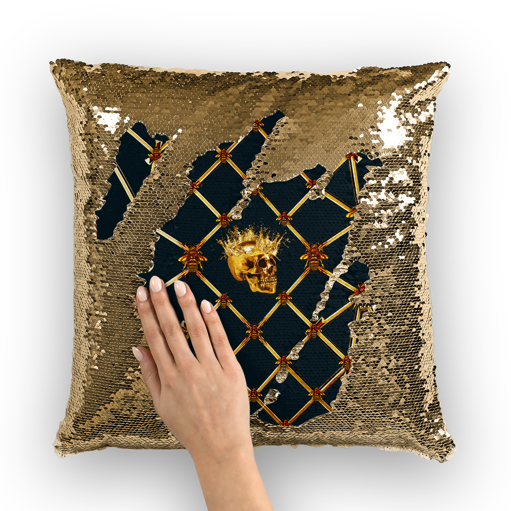 French Gothic Honey Bee & Rib Star Pattern-Sequin Pillowcase & Throw Pillow-Navy Blue
