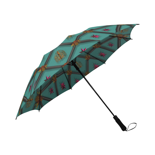 Bee Divergent Ribs & Magenta Stars- Semi Auto Foldable French Gothic Umbrella in Jade Teal | Le Leanian™
