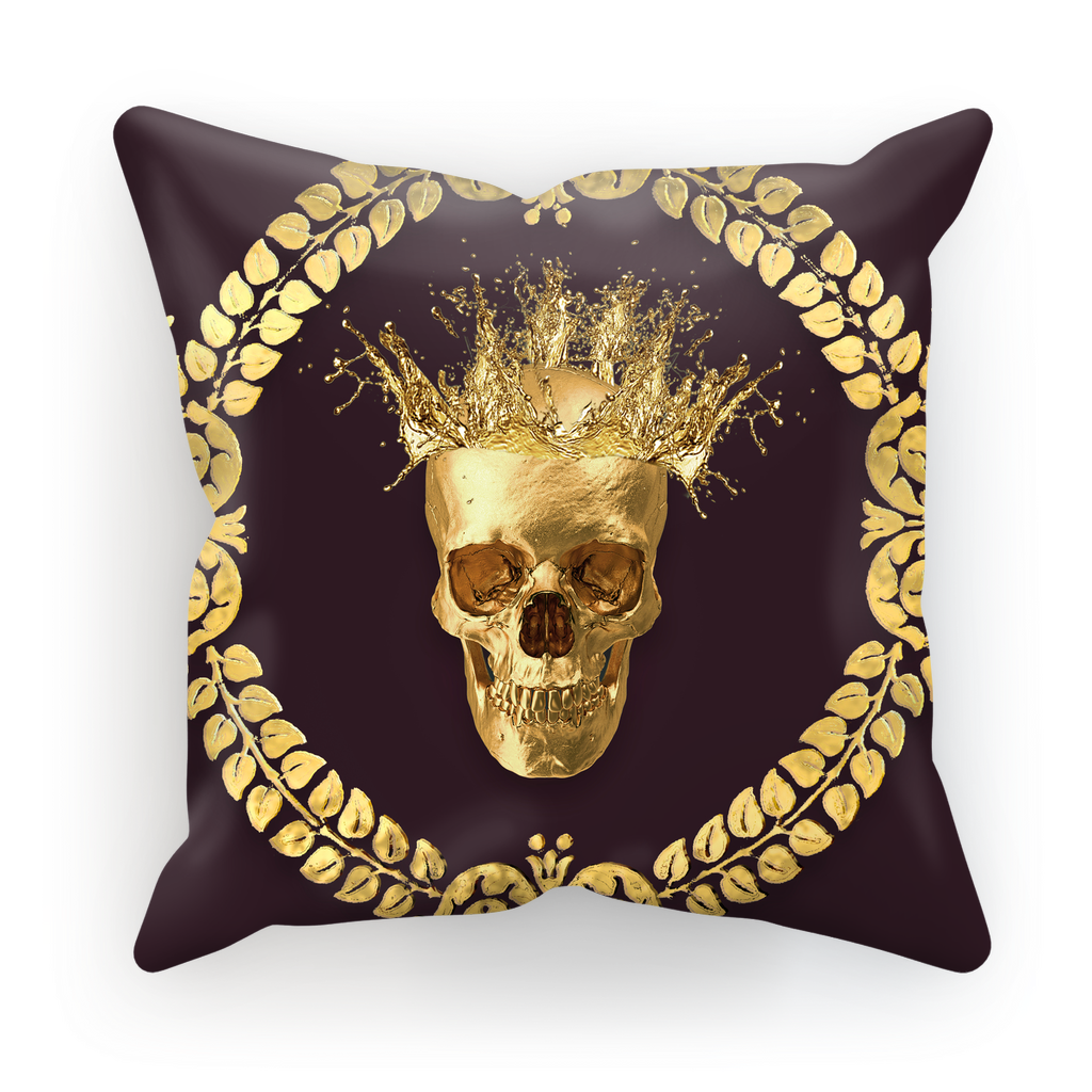 Caesar Gilded Skull- French Gothic Satin & Suede Pillowcase in Muted Eggplant Wine | Le Leanian™