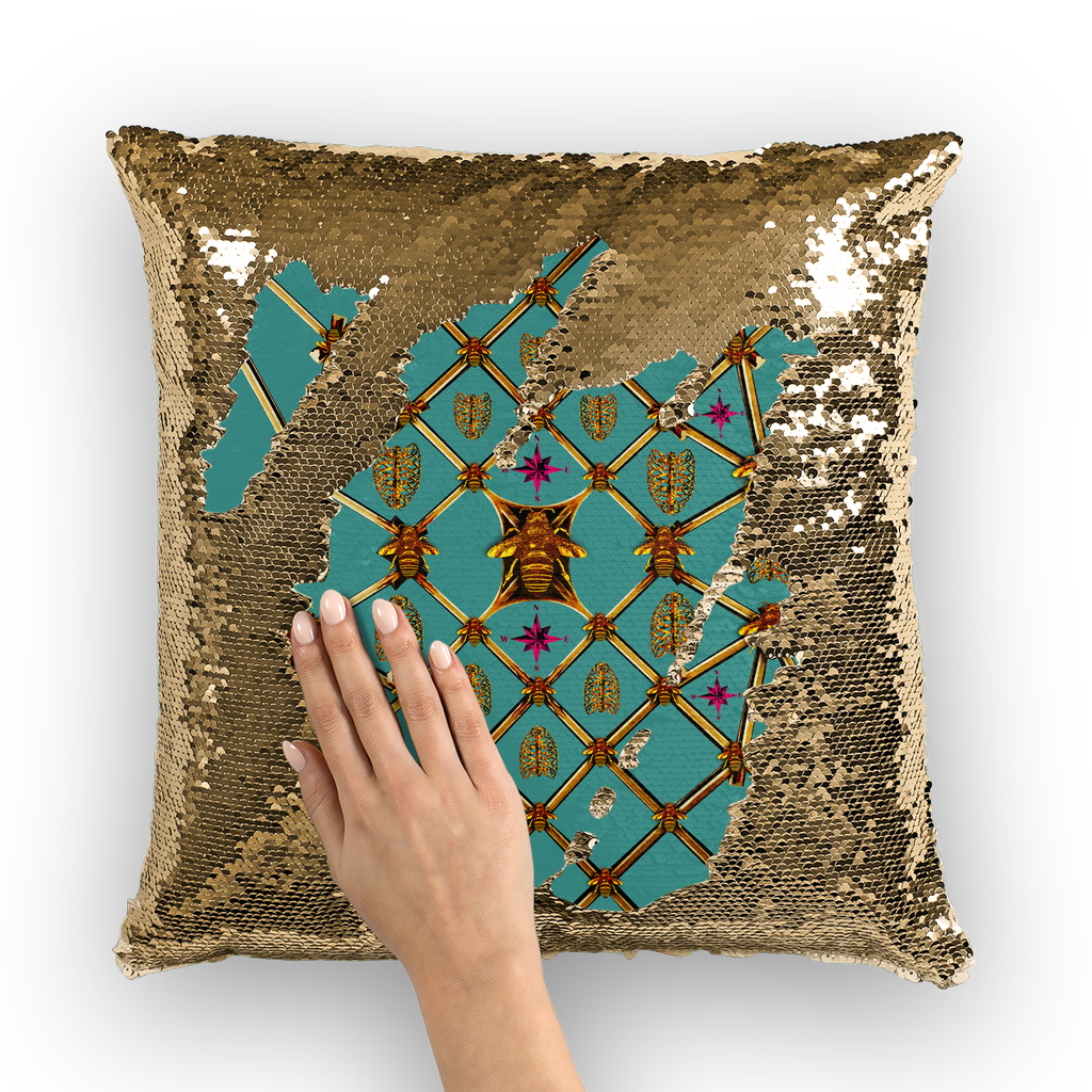 Sequin Gold Pillowcase & Throw Pillow-Honey Bee & Rib Print- Jade Blue Green