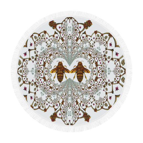 Circular Beach Throw-Baroque Honey Bee Hive Pattern-Color WHITE