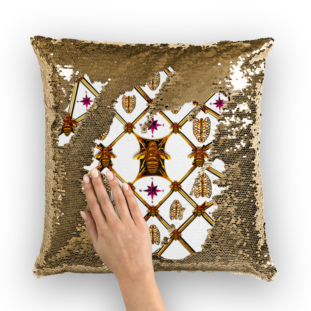 FRENCH COUNTRY STYLE-GILDED BEES, RIBS & STARS PATTERN-Satin & Suede Pillow Case-Cushion Cover in Color WHITE