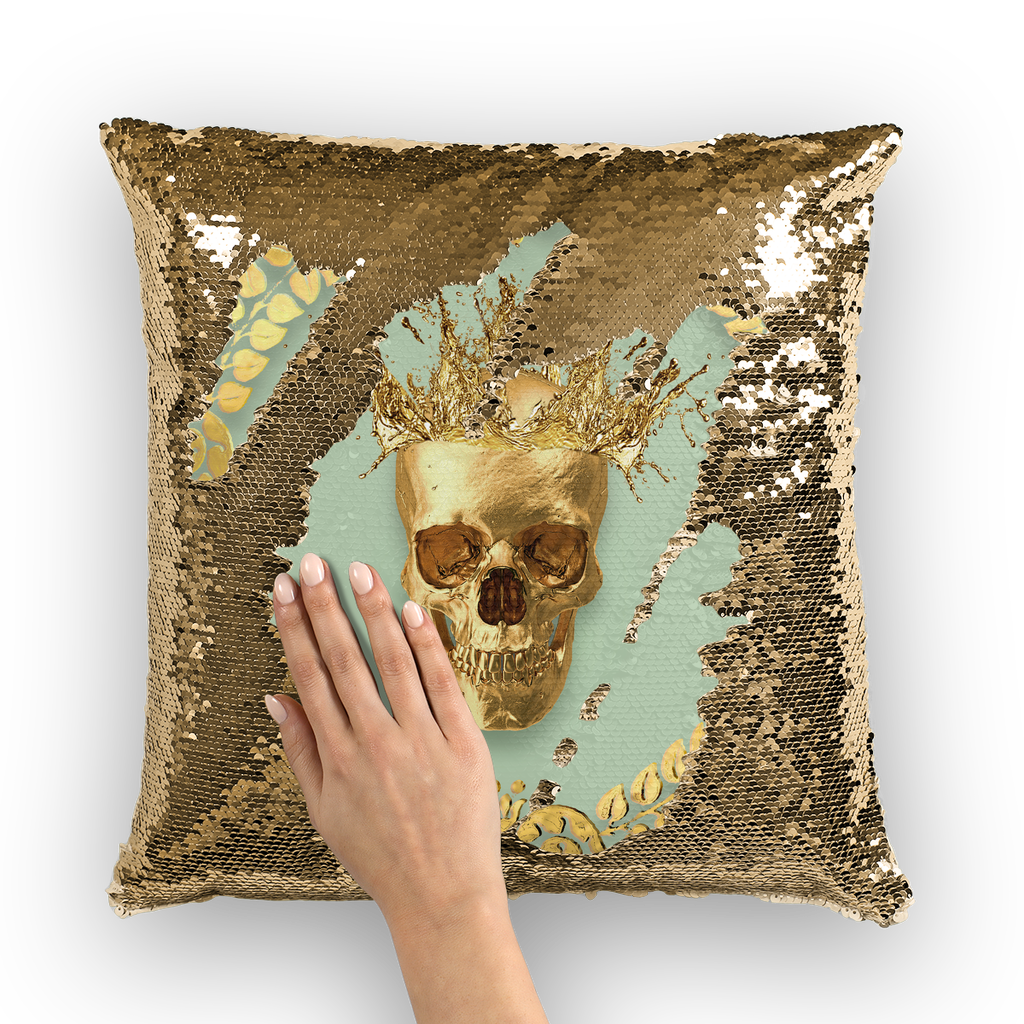 Gold Sequin Pillow Case-Gold Skull-Gold WREATH in color PASTEL BLUE