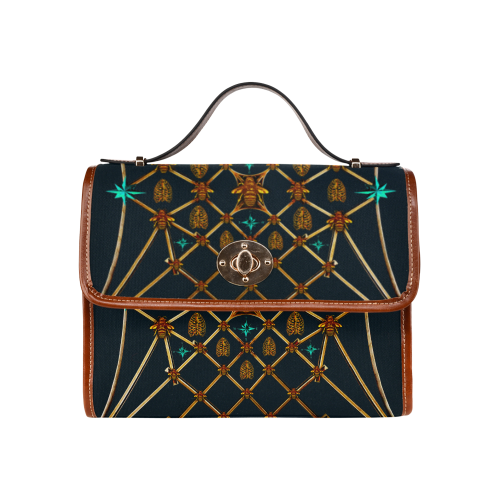 Gold Bee & Ribs- Women's Clutch Handbag in Color Midnight Teal, BLUE and Tan