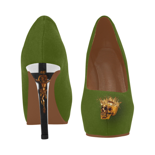 Olive Green Gold Skull and Crucifix Women's High Heel Shoes.