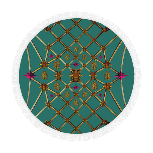Bee Divergence Gilded Ribs & Teal Stars- Circular French Gothic Medallion Beach Throw in Jade | Le Leanian™