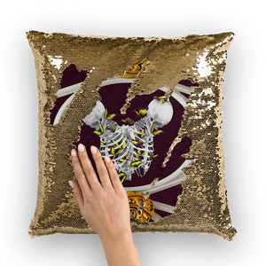 Versailles Siamese Skeletons Sequin Pillowcase with Gold Butterfly Rib Cage-Eggplant Wine Red
