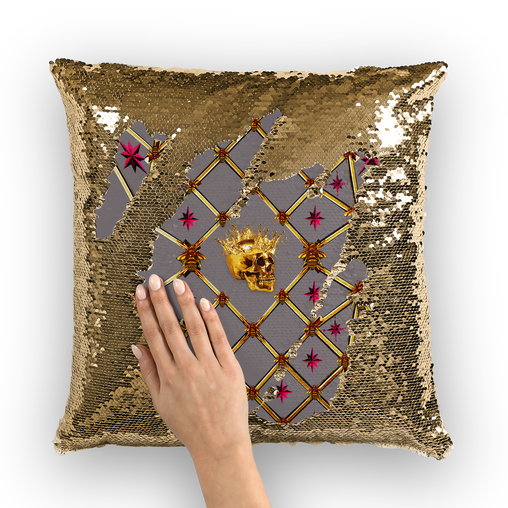 French Gothic Honey Bee & Rib Star Pattern-Sequin Pillowcase & Throw Pillow-Lavender Steel Purple