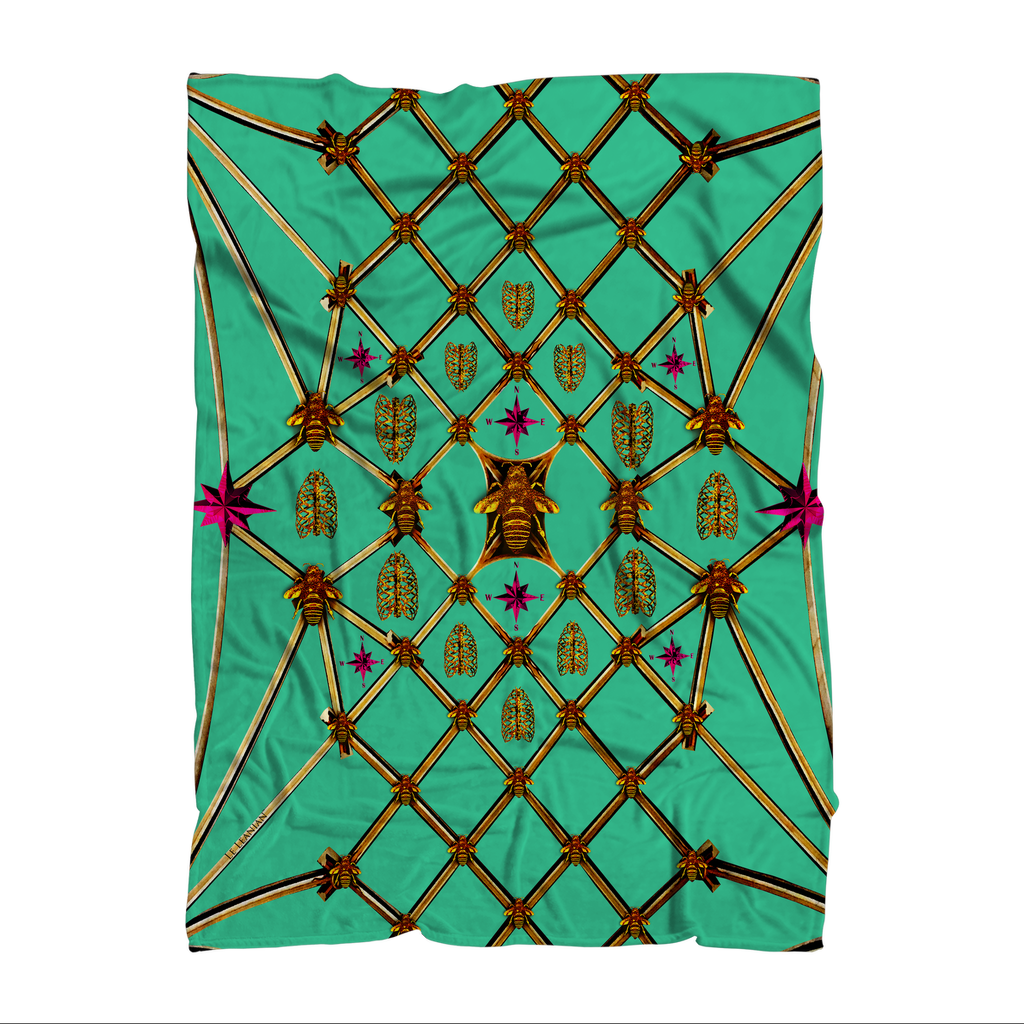 Gold Honey Bee & Ribs- Honeycomb Pattern-Fleece Blanket in Color Jade Teal, TEAL, BLUE, GREEN, AQUA