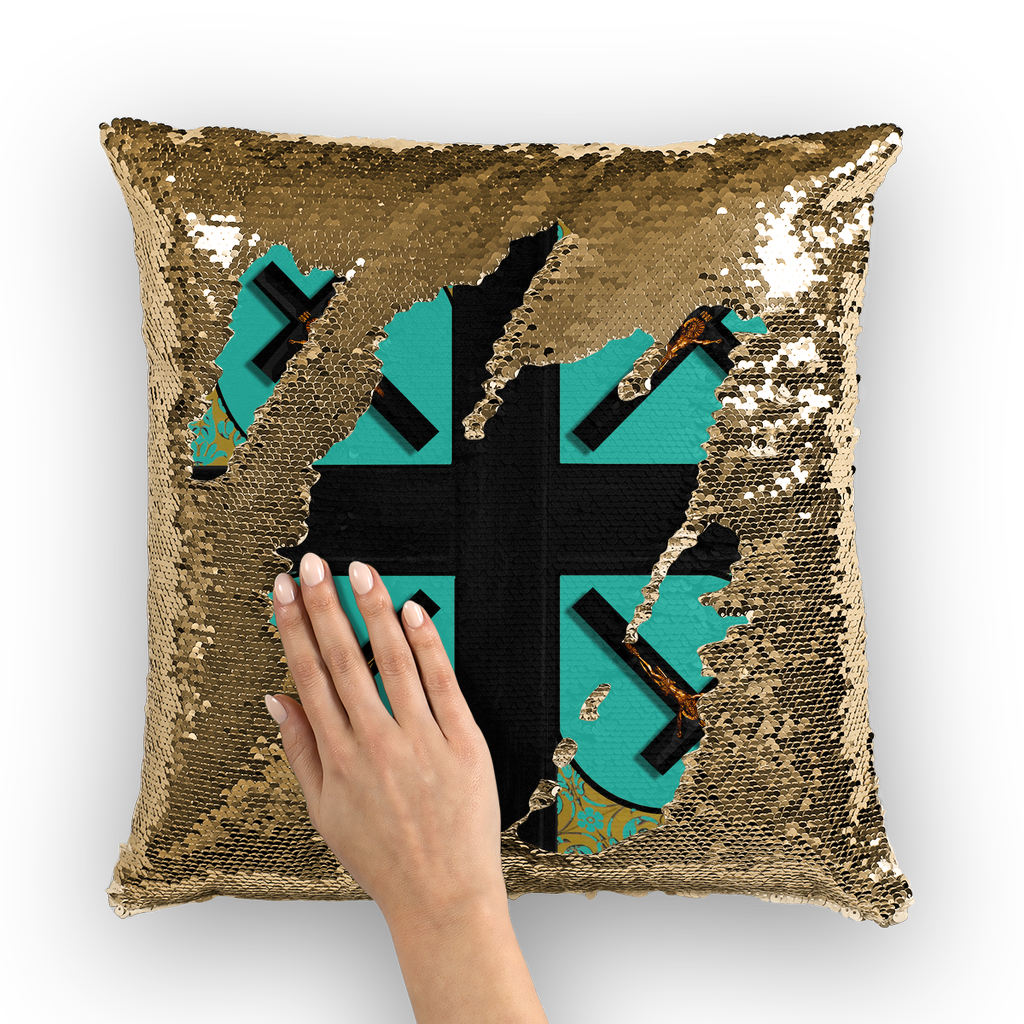 Crossroad Crucifix Gothic Sequin Pillowcase-Throw Pillow- Bright Teal Blue 