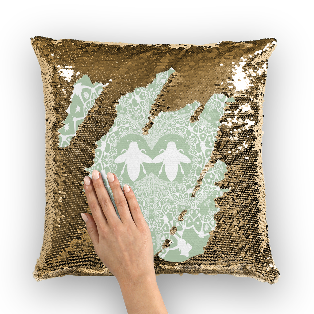 Sequin Gold & BLACK PILLOW CASE-Throw PILLOW-Baroque Bee Pattern-Color PASTEL BLUE & WHITE