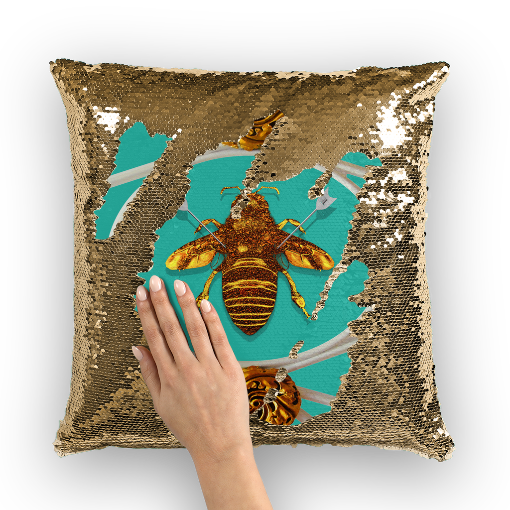 Versailles Queen Bee -French Gothic Sequin Pillow Case Throw Pillow- Bright Teal Blue