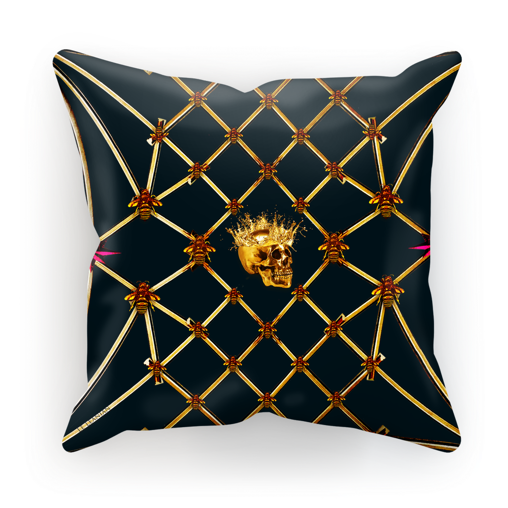 Golden Skull and Magenta Star- French Gothic Satin & Suede Pillowcase in Midnight Teal | Le Leanian™