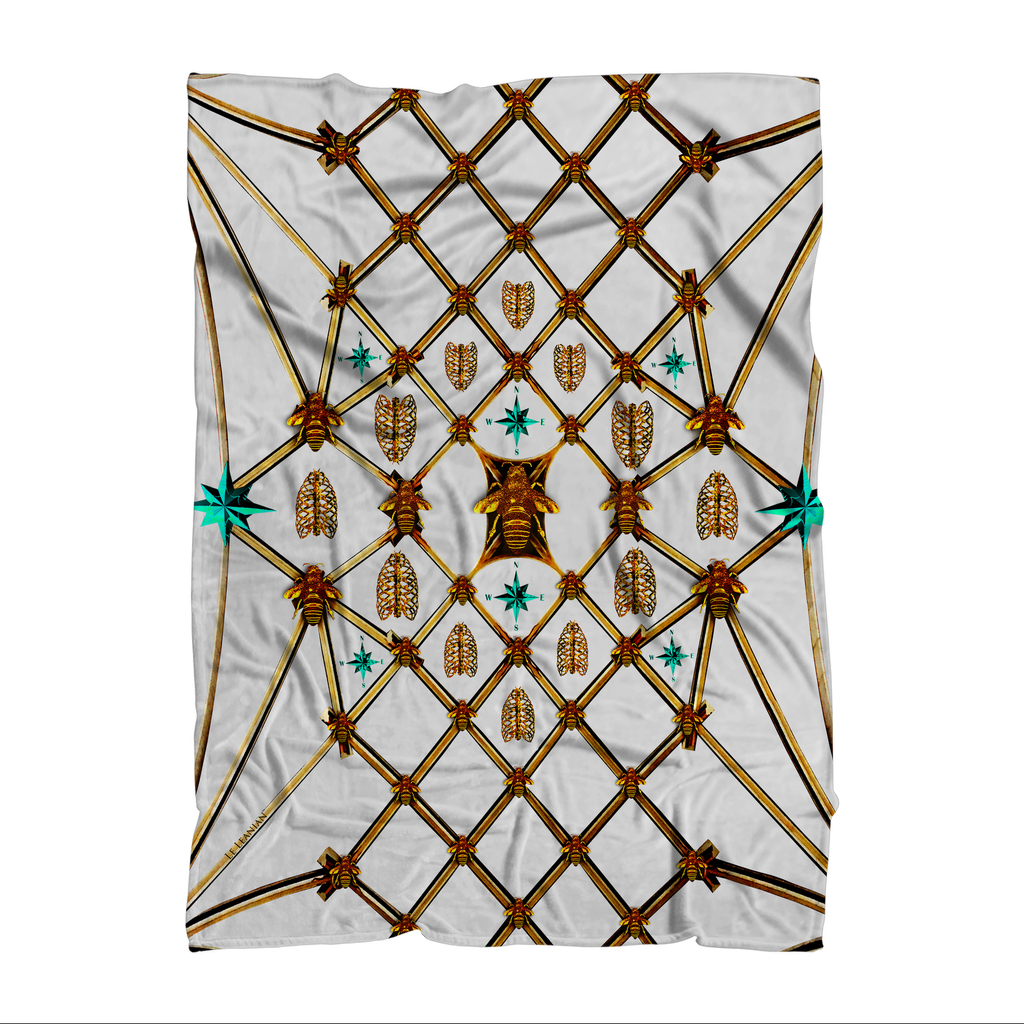 Bees, Ribs, Teal Stars Pattern- Polar Fleece Classic Blanket in WHITE