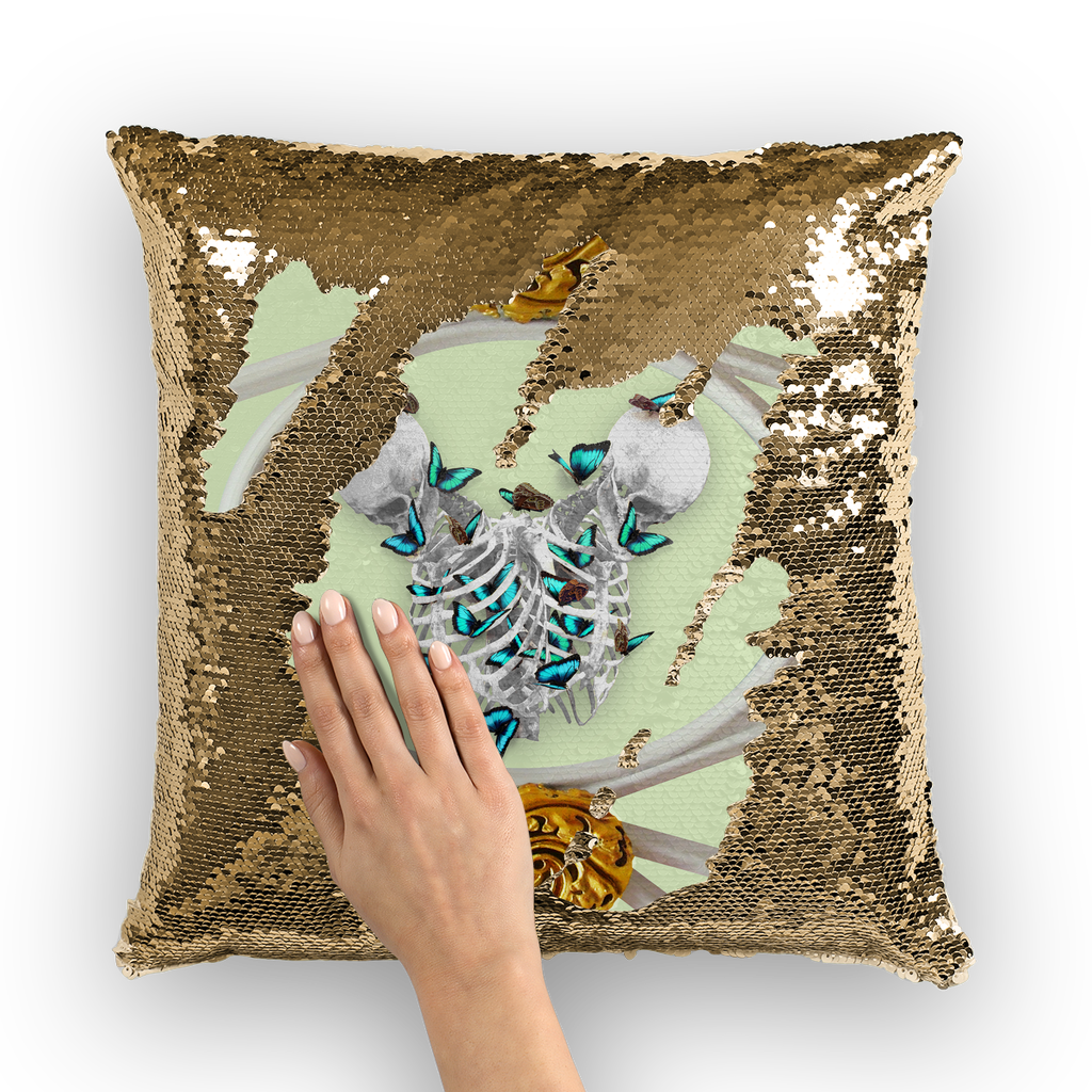 Versailles Gilded Skull Divergence Teal Whispers-French Gothic Sequin Pillowcase or Throw Pillow in Pale Green | Le Leanian™