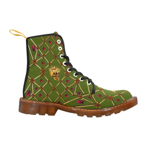 Golden Skull & Magenta Stars- Women's French Gothic Combat  Boots in Bold Olive | Le Leanian™