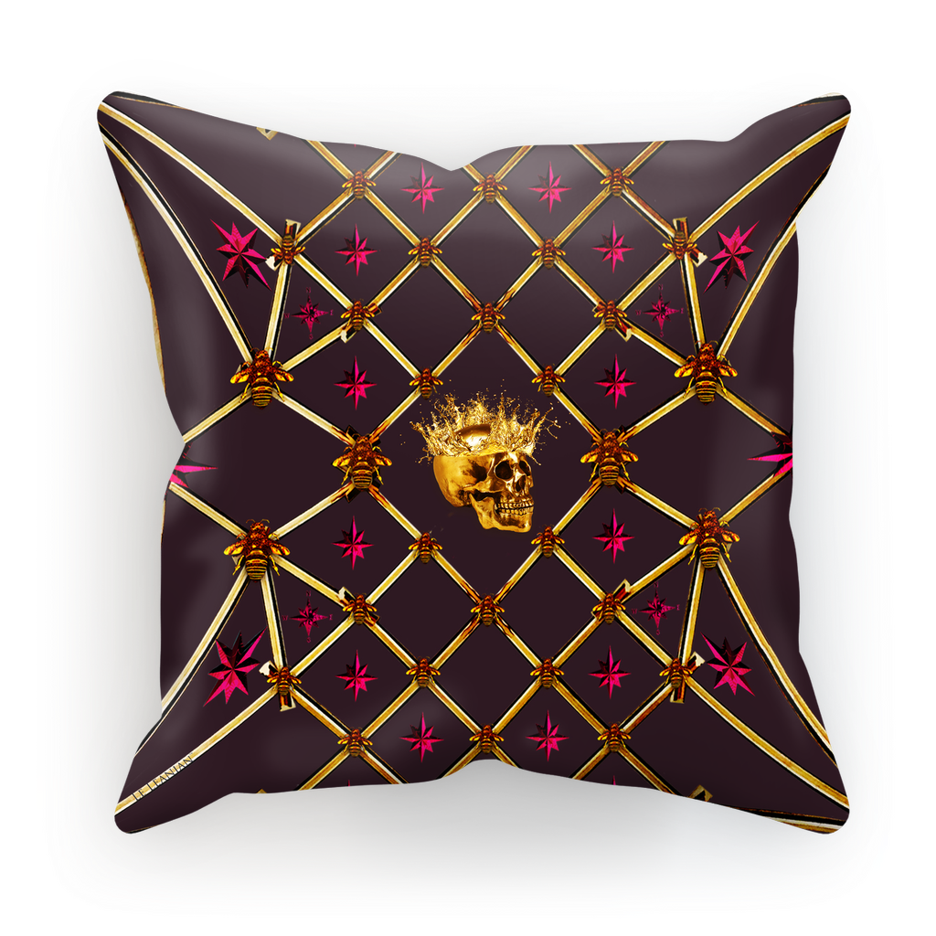 Golden Skull & Magenta Stars- French Gothic Satin & Suede Pillowcase in Muted Eggplant Wine | Le Leanian™