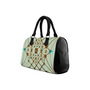 Women's Handbag-Boston Bag- Gold Bee & Ribs Pattern in Color Pastel Blue, BLUE and BLACK