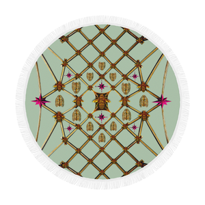 Circular Throw-Gilded GOLD BEES, RIBS, STARS PATTERN-Color PASTEL BLUE